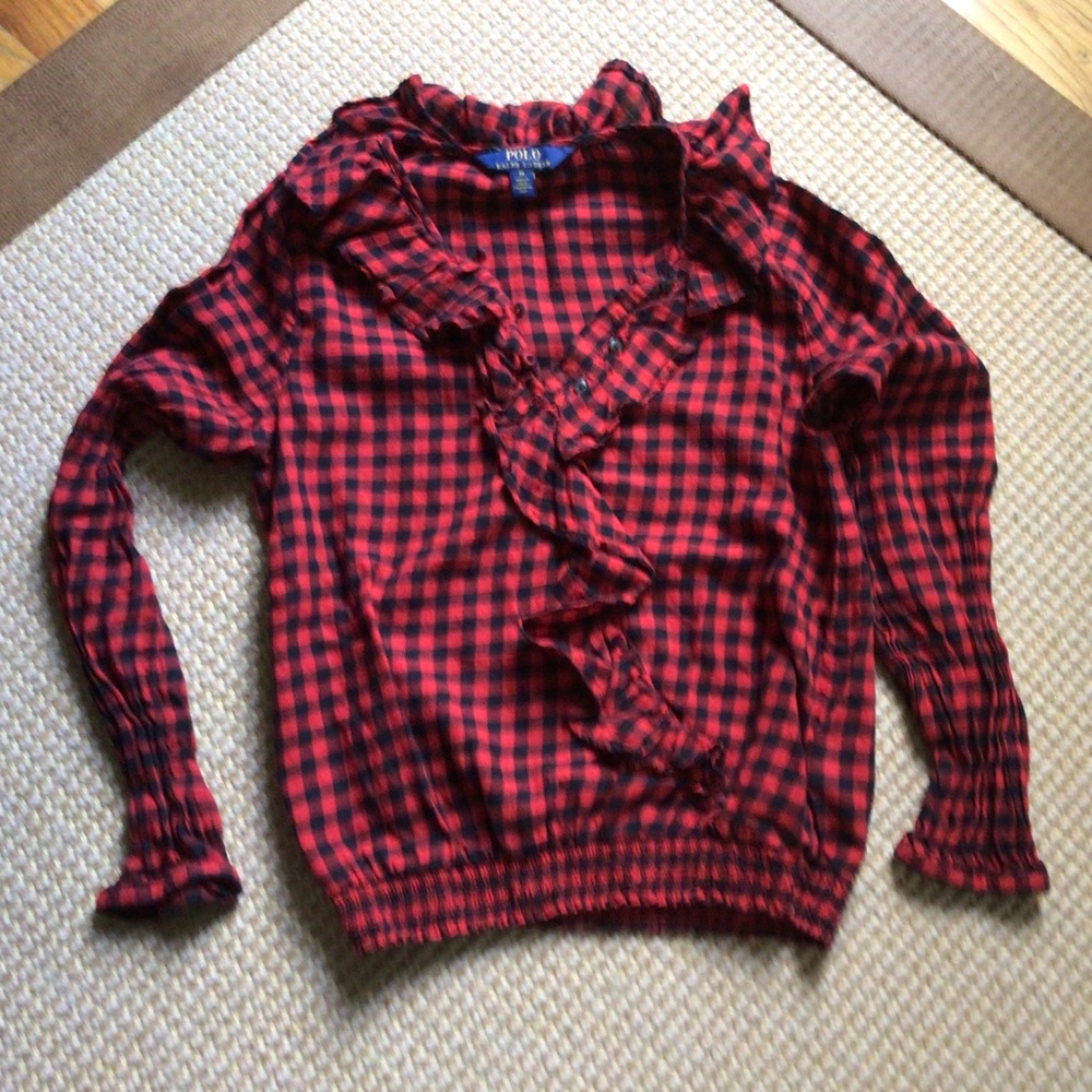 Polo Ralph Lauren Buffalo Plaid Ruffle Front Blouse, Size 14
